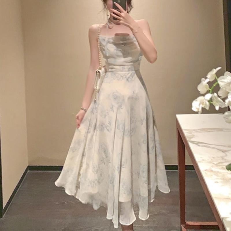 Sommer Party Midi Elegantes Kleid Frauen Strap Sexy Design Hohe Wasit Vintage Casual Kleid Ärmelloses Chiffon Süße Kleid S
