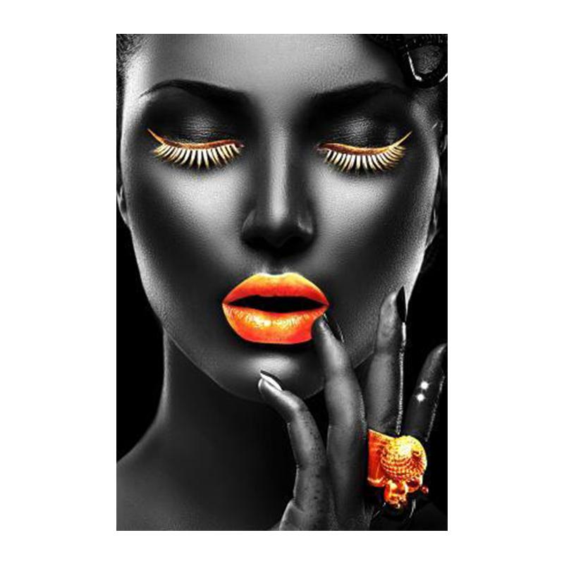 Schwarze Mädchen Make-up Leinwand Kunst Poster und Drucke Sexy goldene Lippen Leinwand Gemälde an der Wand afrikanische Kunst Bilder Home Decor 20x30cm