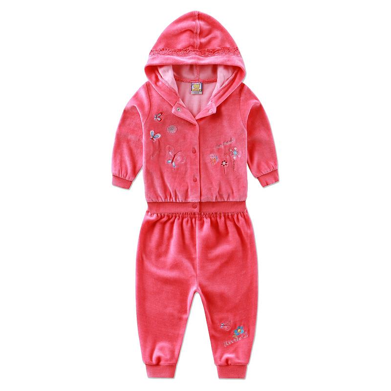Neugeborene Mädchen Säuglingskleidung Velours Winter Frühling Langarm Hosen Set mit Hutknöpfen bestickt Kinderbekleidung Aapparel 74 rot