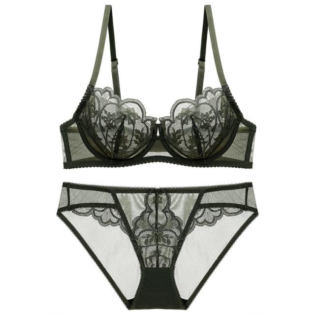 Sexy Blütenblattform, ultradünnes BH-Set, Push-up-Unterwäsche-Set, Stickerei-Büstenhalter, BH, Plus-Size-Spitzen-Dessous-Set 95D(42D) grün