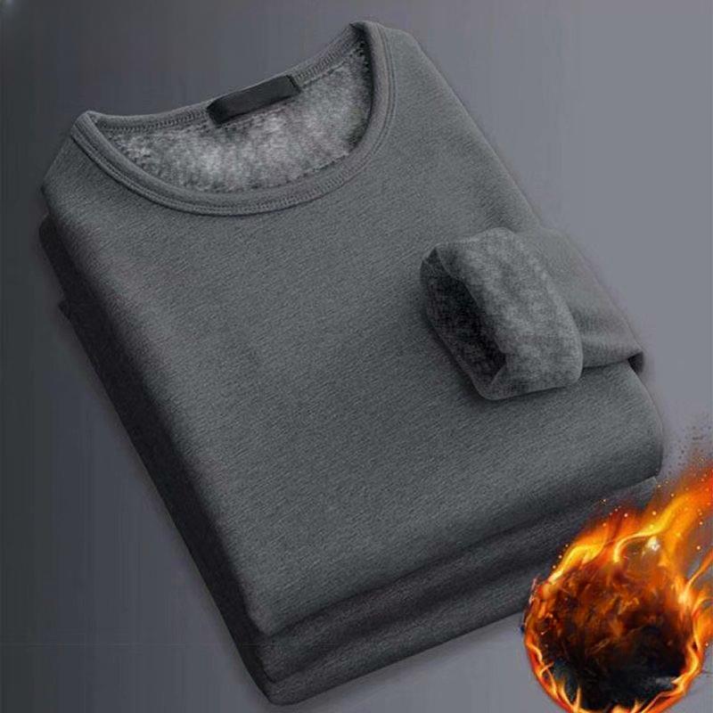 Winter Herren Langarm Thermo Unterwäsche T-Shirt Fleece Bottoming Shirt Rundhals Shirt Fashion Plus Samt gepolstertes T-Shirt 5XL 90-100KG dunkelgraue