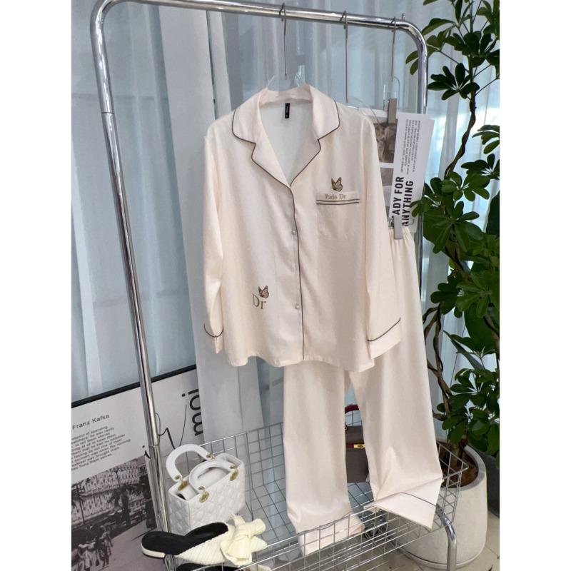 Schmetterlingstaschen-Design, schlichter Damen-Pyjama, Fischgrätenmuster, Pyjama-Set aus Eisseide, Satin-Pyjama L