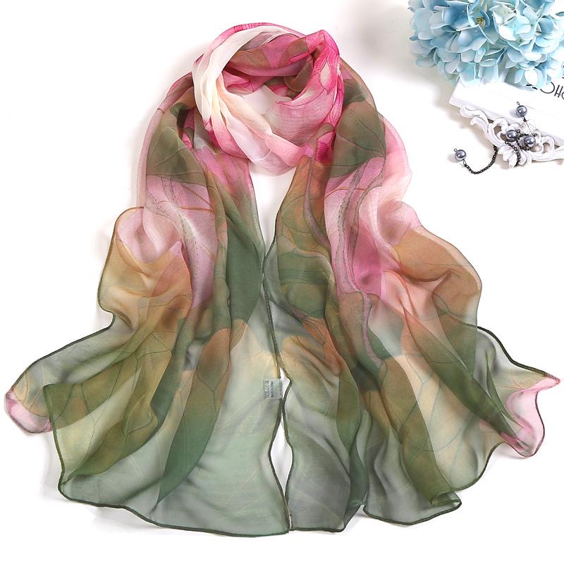 Lange Schals Wraps Frauen Strand Sonnencreme Hijab Blumendruck Seidenschal Chiffon Kopftuch Halstücher 50x160cm 160 grün