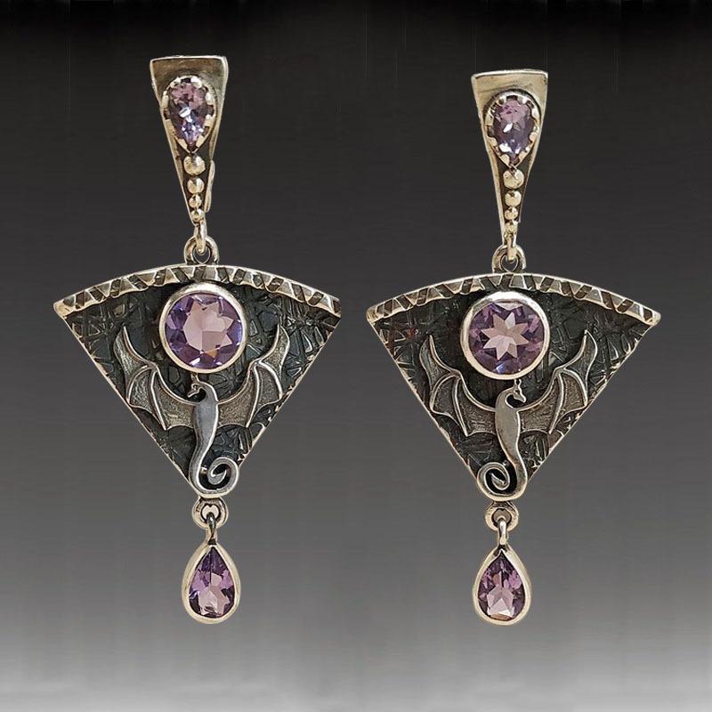 Drache Gothic Punk Metall Ohrringe Rosa Stein eingelegt Anhänger Ohrringe Schmuck Vintage Schmuck