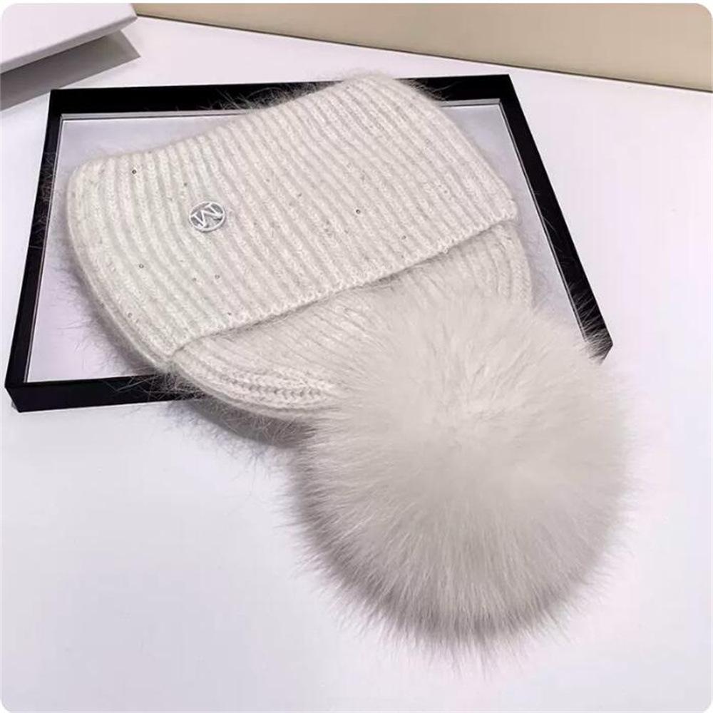 Echte Fuchsfell-Mütze mit Bommel, warme Wintermütze für Damen und Mädchen, natürliche Bommelmütze, Outdoor-Ski-Strickmütze, dicke Mütze weiß