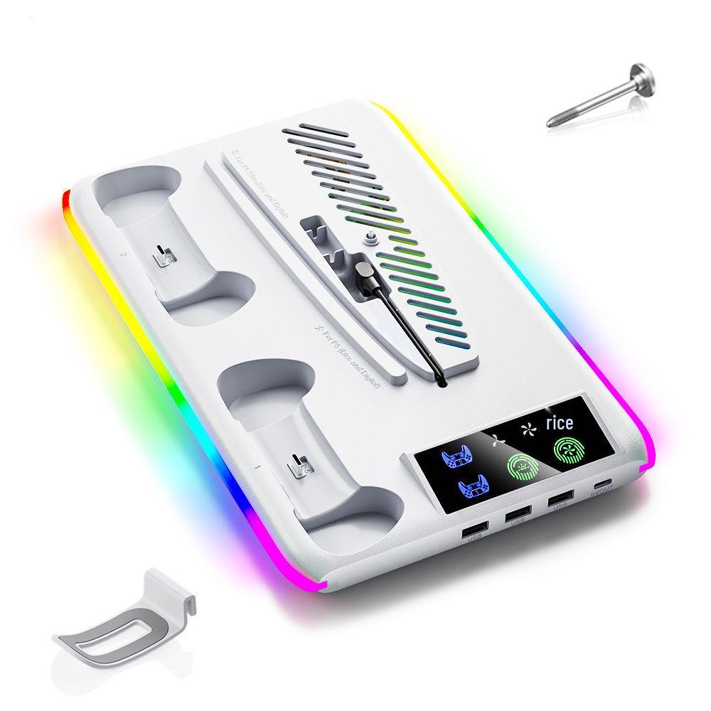 PS5/SLIM/PRO Kühlbasis: Multifunktionsständer mit Lüfter, Dual-Controller-Ladegerät und RGB-Beleuchtung weiß