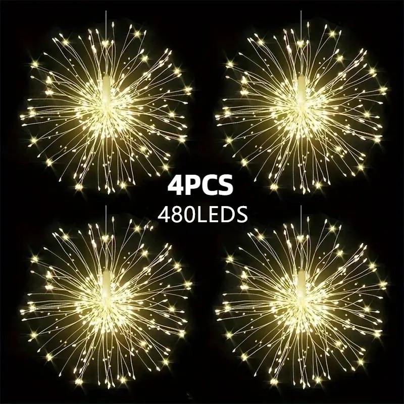 Hängendes Solar-Feuerwerk-Licht, 360/480 LED-Starburst-Licht, wasserdicht für den Außenbereich, 8 Modi, Lichterkette, Traufe, Garten, Baum, Weihnachtsdekoration 480 Leds schwarz