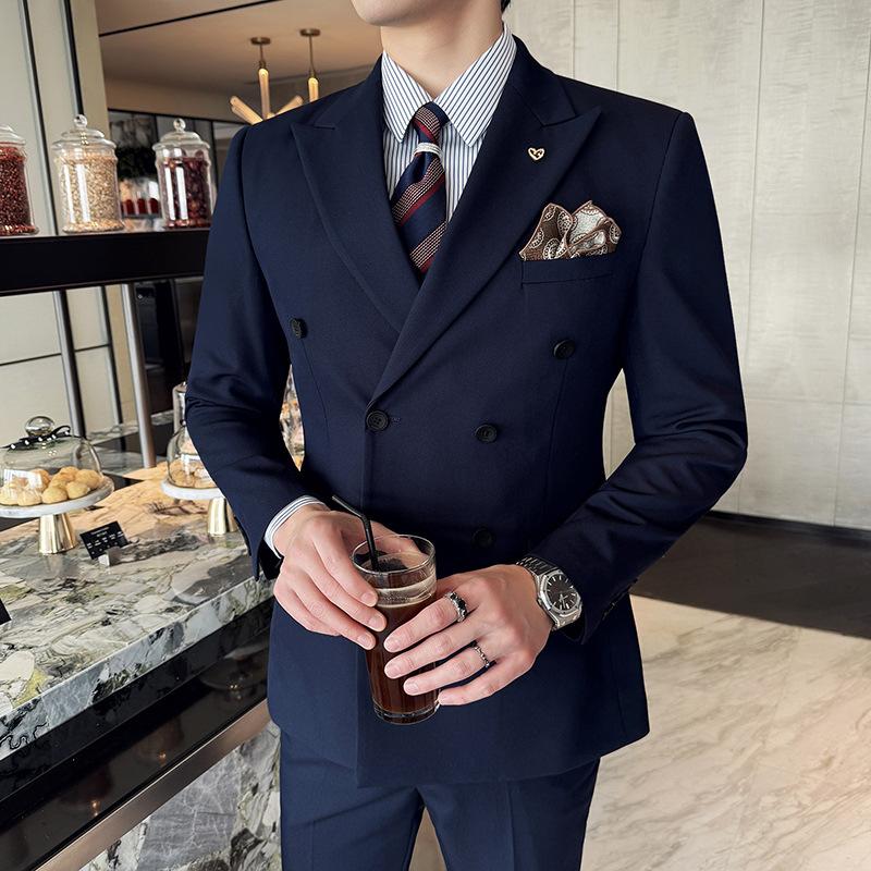 Herren Langarm Schleifenhals Zweireiher Anzug, High-End Business Casual einfarbiger Anzug S navy blau