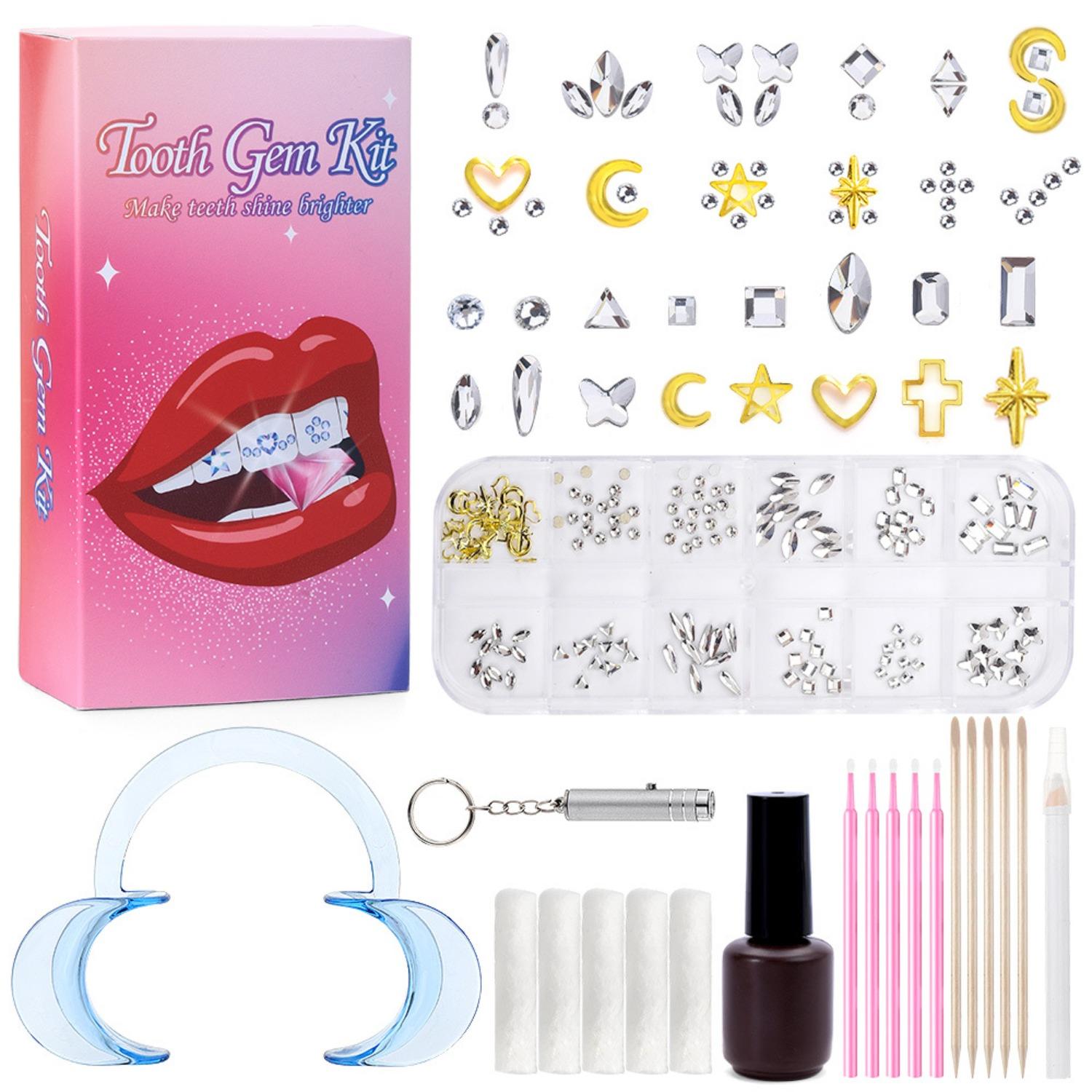 Zahnstein-Set, Zahnschmuck-Set mit Kleber und Licht, Zahnstein-Set für Zähne, Professionelles DIY-Zahnstein-Set, Modischer Kristall für Zähne Süßes Lächeln gelb