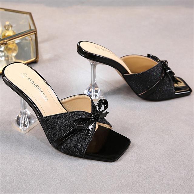 Damen 9cm High Heels Schleife Hausschuhe Pantoletten Lady Fetisch Klare Absätze Party Slides Sommer Pailletten Bling Rot Schmetterling Knoten Schuhe 42 schwarz