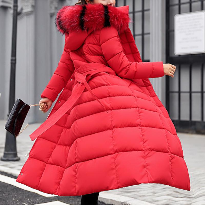 Neue Winterjacke Damen Warme Mode Bogen Gürtel Fuchs Pelz Kragen Mantel Langes Kleid Damen Dicker Mantel M rot