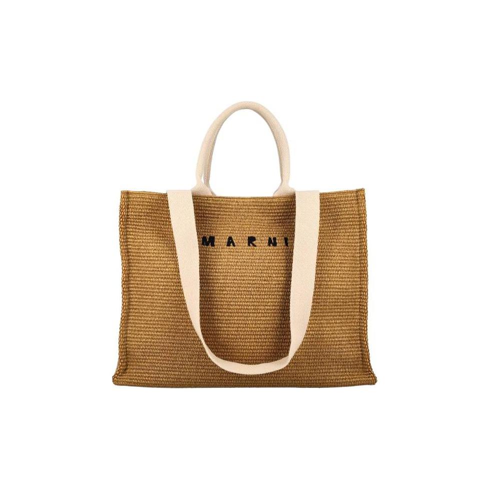 Marni Logo Bestickte Gewebte Urlaubsstil Raffia Tragetasche Einkaufstasche Campingtasche Große Damen Tragetasche Hellbraun Braun SHMP0078U0-P3860-Z0R42 Basic Set (Bag+Dust Bag)