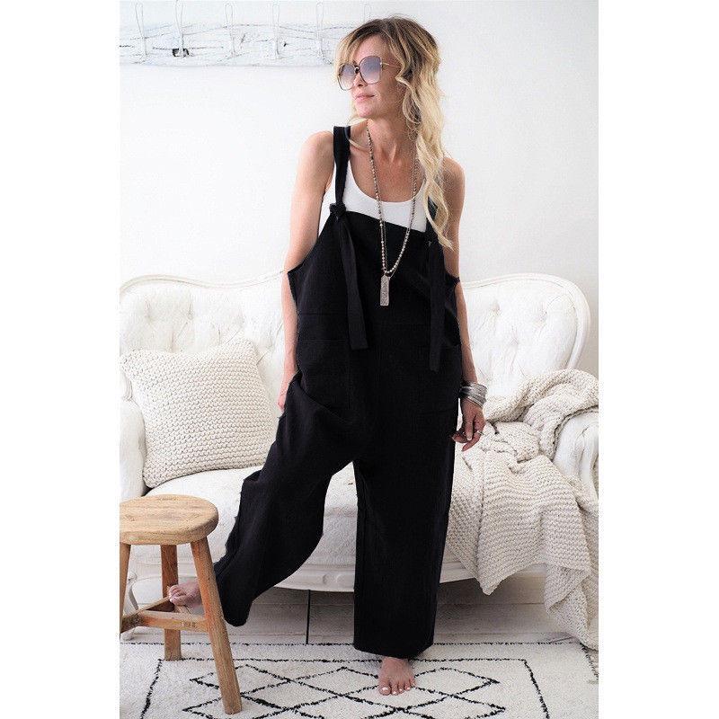 Damen-Overall, Spaghettiträger, breites Bein, Latzhose mit Taschen, Baumwoll-Leinen-Overall, lässiger, lockerer Playsuit M