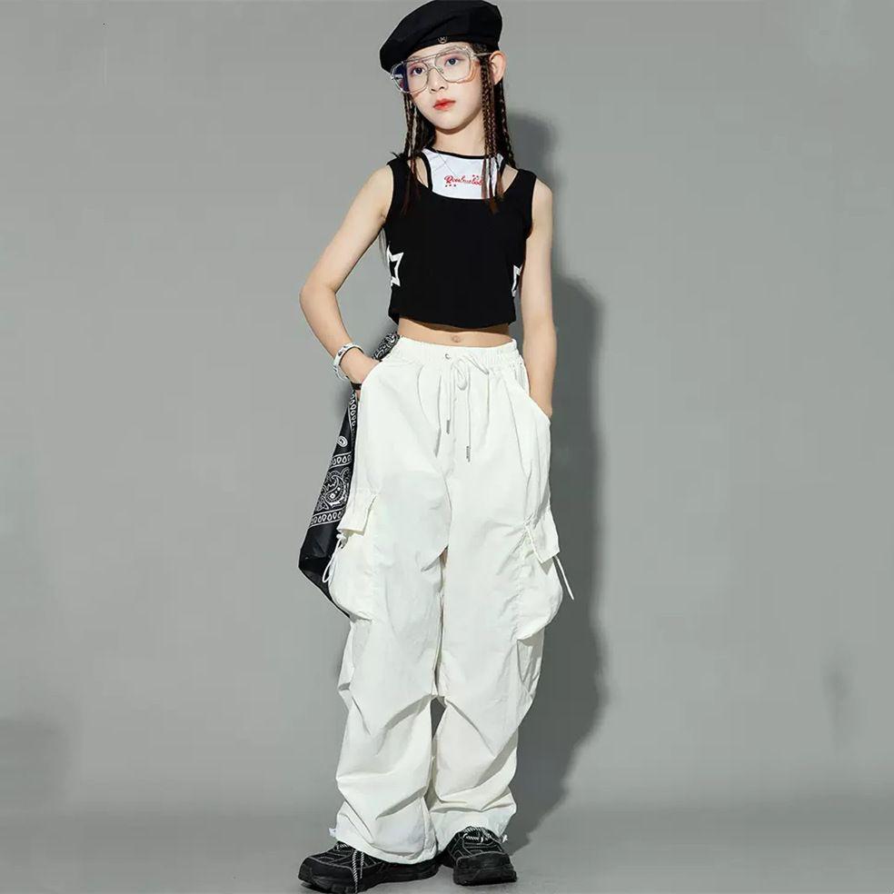 Mädchen Hip Hop Joggers Hosen Mädchen Cargo Hosen Teenager Gerade Hose Hohe Taille Vintage Casual Streetwear Baggy Hosen 120cm white