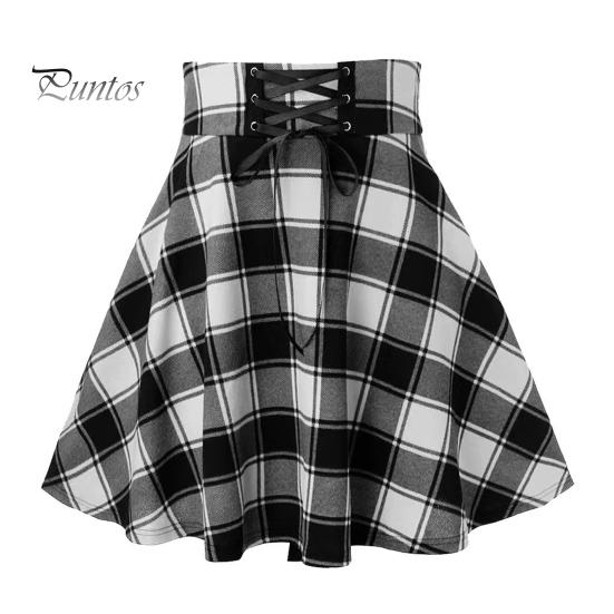 Frauen Plaid Print Mini Rock Elastische Hohe Taille Skater Rock A-Line Frühling Herbst Mädchen Hip Hop Stil Rock Clubwear M schwarz