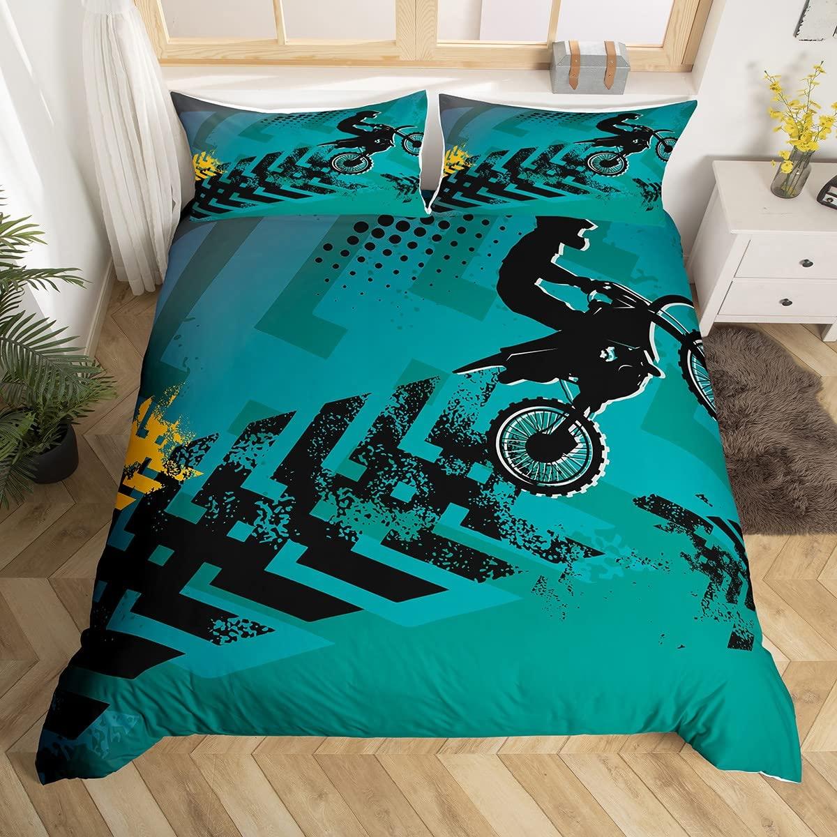Dirtbike-Bettbezug, Twin, Motocross-Fahrer-Bettbezug, Extremsport-Bettwäscheset, cooles Motorrad-Bettwäscheset für Jungen und Erwachsene AU Single(140x210cm)