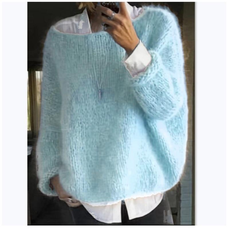 Damenmode, lockerer Pullover, einfarbig, One-Shoulder-Pullover, lässig, Rundhalsausschnitt, Strickpullover, Pullover, Übergrößen, Pullover, Tops S hellblaue