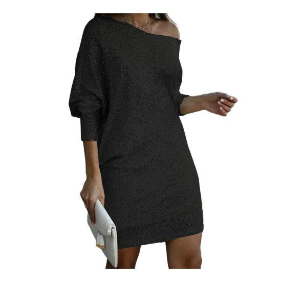 Damen-Abendkleid, glänzende Pailletten, schräger Ausschnitt, eine Schulter, Dreiviertel-Ärmel, lockeres Minikleid über dem Knie, Abschlussball-Partykleid L