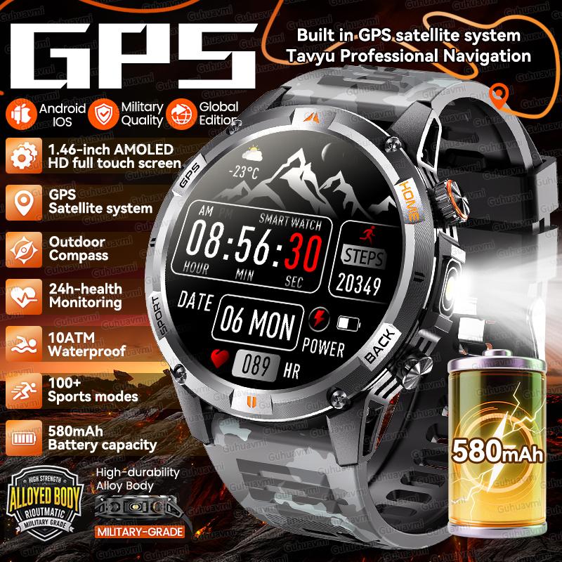 2026 Neue Outdoor-GPS-Sport-Smartwatch für Erwachsene mit Höhenmesser, Barometer, 10 ATM Wasserdichtigkeit, 580 mAh Akku, Bluetooth-Anruf, für Männer, AMOLED Smartwatch Black camouflage