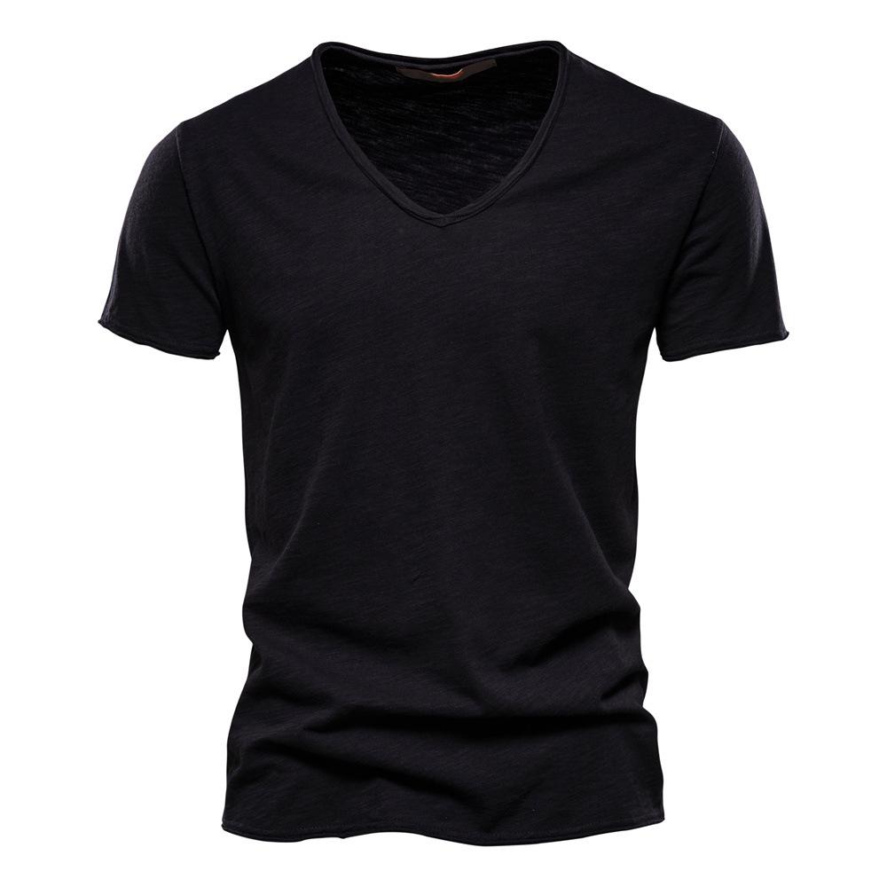 Herren Sommer Einfarbig V-Ausschnitt Kurzarm T-Shirt Baumwolle Oberteil Europäischer und Amerikanischer Stil Herrenmode L schwarz