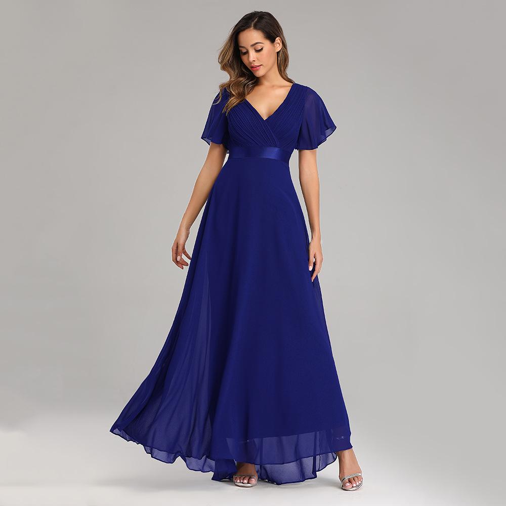 GMXIA Frühling Sommer Handgefaltetes Großes Schwingendes Doppel-V-Ausschnitt Kleid Ausgestellte Ärmel Elastischer Chiffon Bankett Brautjungfer Übergröße Abendkleid XL blau