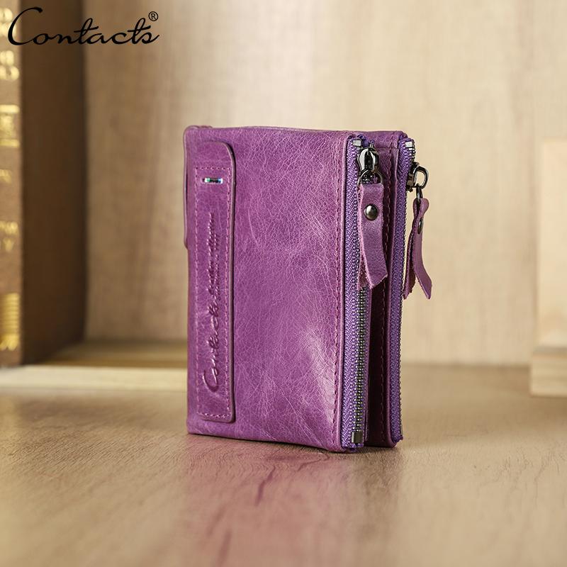 CONTACT'S Modische Damen-Geldbörse aus echtem Leder, Ausweishalter mit Doppelreißverschluss, kleine Damen-Geldbörse violett