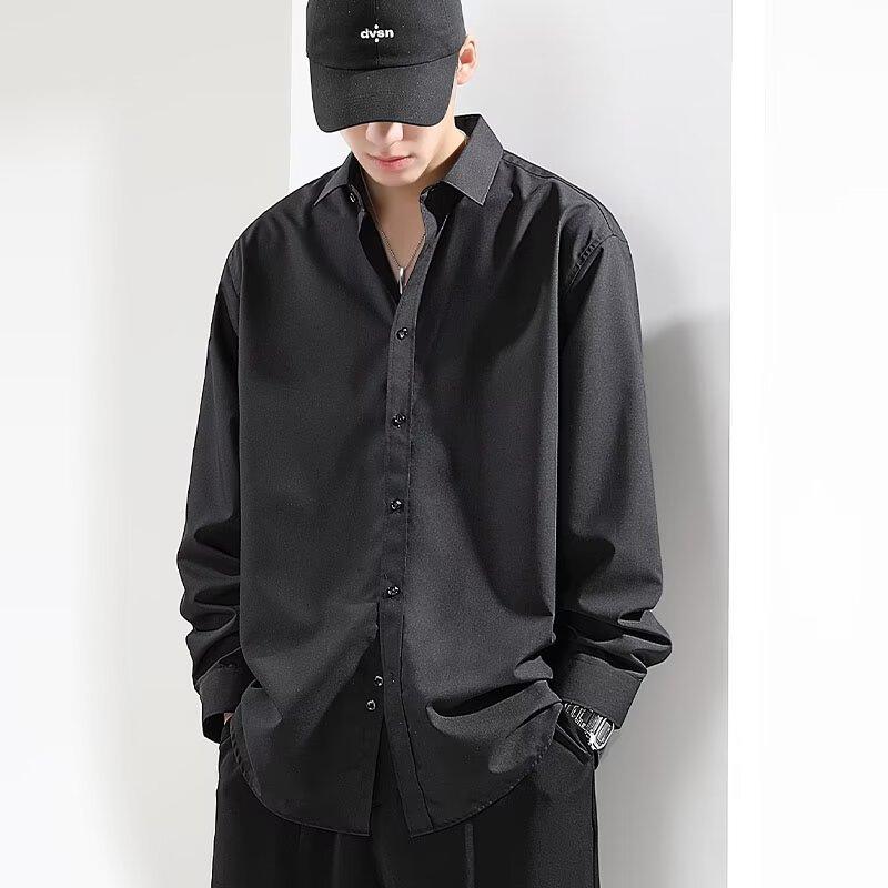 Sommer Eis Seide Hemd Herren Langarm Weißes Freizeit Hemd Locker Übergröße Hängend 2025 High-End Inch Hemd Dünner Stil 2XL schwarz