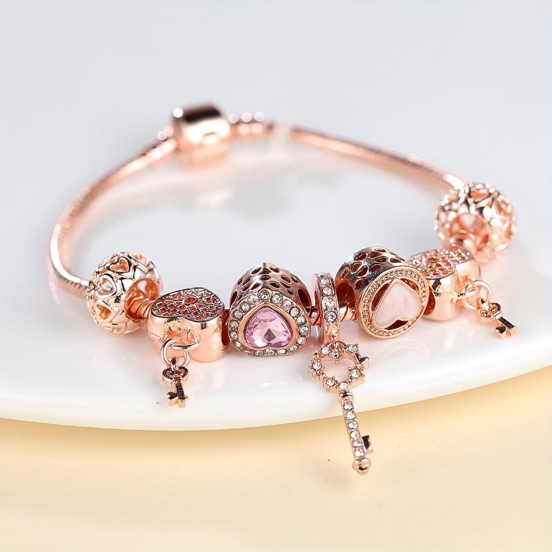 1 Stück Rose Gold Farbe Herz Schlüssel Anhänger Armbänder für Frauen Charme Perlen Armband Schmuck Geschenk rose gold