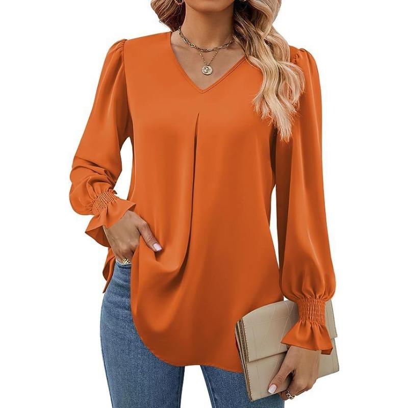 Damen Einfarbig Chiffon Pullover V-Ausschnitt Pullover Ausgestellt Langarm Bluse Bluse S orange
