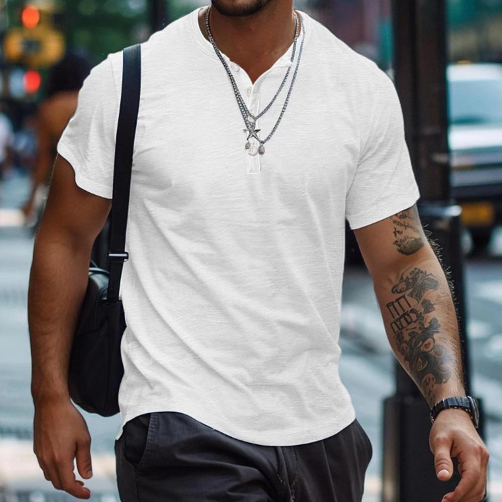 Henry Shirt Sommer Herren Casual Einfarbig Kurzarm T-Shirt für Männer Polo Herren Baumwolle Herren T-Shirts US L(70-80KG) weiß