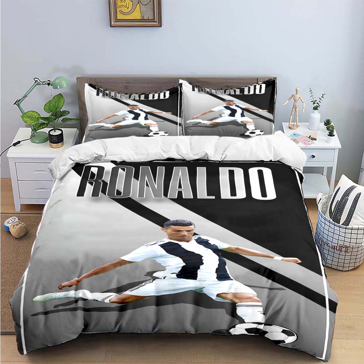 Modischer Fußballstar R-Ronaldo Aufdruck Bettwäsche Set Bettbezug Decke Bett Jugend Kinder Mädchen Jungen Luxus Geburtstagsgeschenk EU SK(260*220cm)3pcs