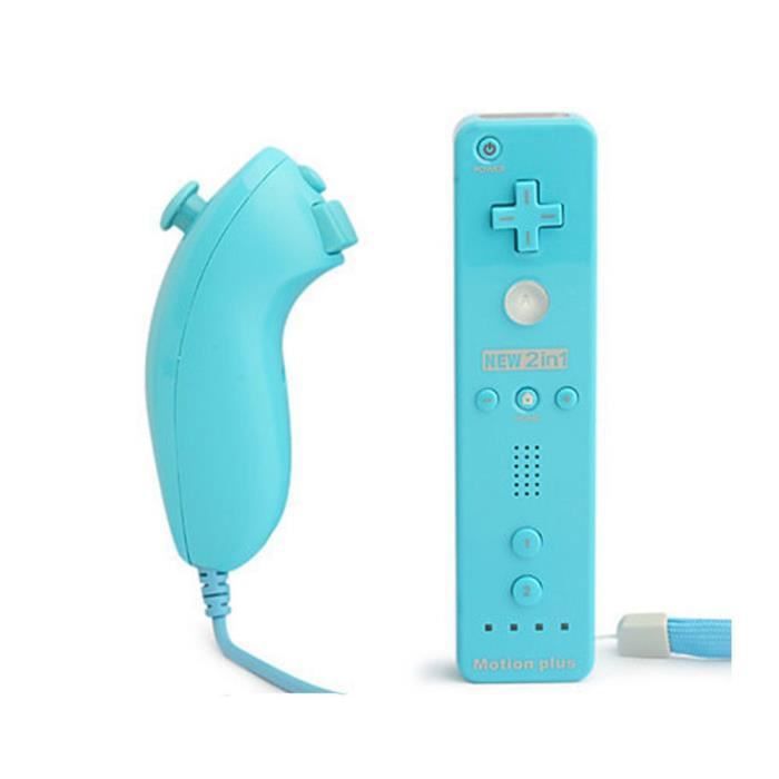 2 in 1 Manette Wiimote Controller Nunchuk intégré Motion Plus pour Nintendo Wii Bleu + cas en silicone blau