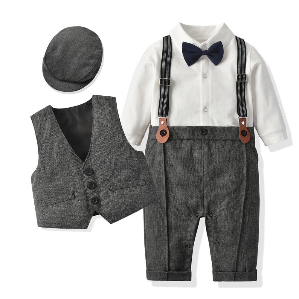 Baby Anzüge Neugeborenen Jungen Kleidung Strampler + Weste + Hut Formelle Kleidung Outfit Party Fliege Kinder Geburtstag Kleid 90cm grau