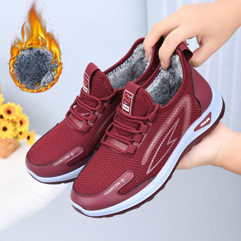 Damen-Winter-Sneaker mit Pelzfutter, warm, leicht, für den Außenbereich, rutschfest, atmungsaktiv, Sportschuhe, Schnürung, verdicktes Fleece, gefüttert, Freizeit-Sneaker für Damen 41 rot