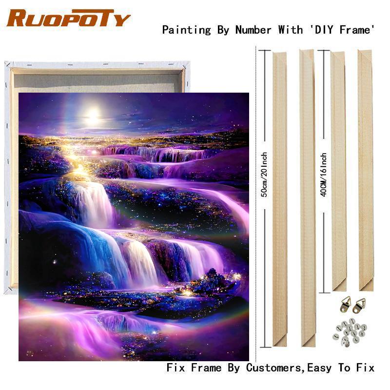 Rahmen Wasserfall Malen Nach Zahlen Für Erwachsene Kits Mond Nacht Bild Mit Zahlen Starter Kit Für Diy Geschenk Hause Wand Kunst 40x50cm 40x50cm Diy Frame