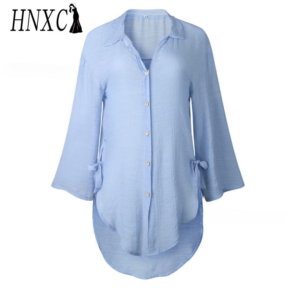 HNXC Damenmode Lässig Einfarbig Druck Langarm POLO Kragen Blusen & Hemden XXXL blau