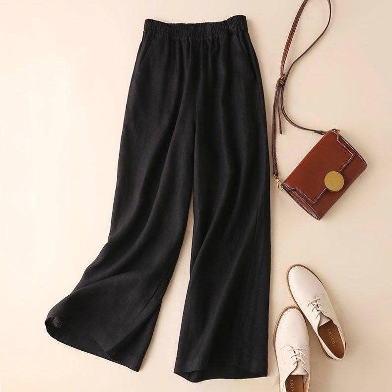 Damen Baumwolle Leinen Weitbein Hose Damen Sommerhose Volle Länge Freizeithose Mode Uni Locker Hohe Taille Gerade Hose L schwarz