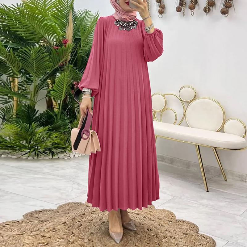 ZANZEA Damen Lässiges Rundhals-Langarm-Kleid mit lockerer Plisseefalte M cameo rosa