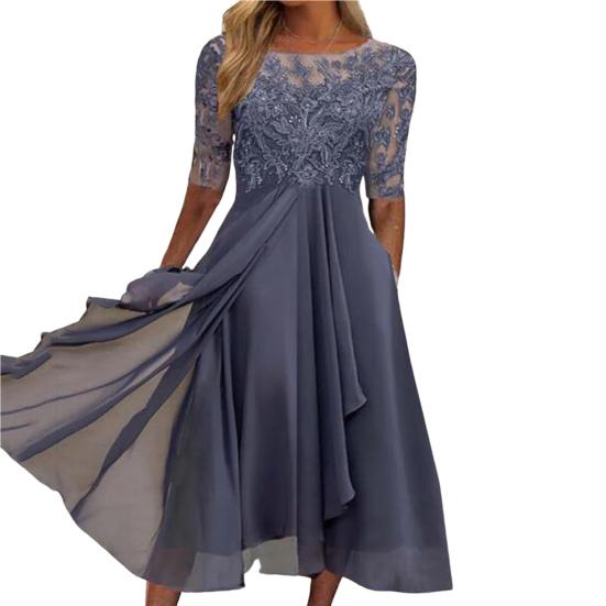 O-Ausschnitt Halb Elegent Beauty Lady Kleid Flowy Saum Brautjungfer Chiffon Patchwork Kleid Elegante Häkelspitze Ärmel Unregelmäßiges Gast Midi Kleid 2XL violett