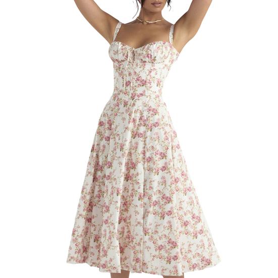 Elegantes Damen-Kleid mit Hosenträgern, Schnürung, schmales, ärmelloses Bandeau-Kleid mit Blumendruck, Korsett-Design, Midi-Kleid mit seitlichem Schlitz am Saum XL