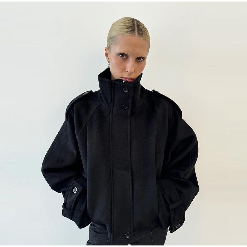 Schicke Rollkragenmäntel Damen Stehkragen Langarm Reißverschluss Knopf Tasche Lockere Jacken 2025 Herbst Weibliche Alltagskleidung XS schwarz