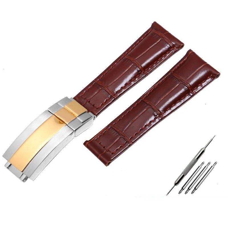 Krokodilmuster Echtleder Uhrenarmbänder 20mm für Rolex Uhrenarmband Daytona Submariner GMT RX Armband Faltschließe Brown-silver gold  20mm With logo