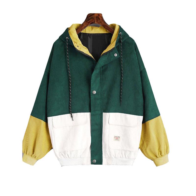 VANGULL Marke Frauen Mit Kapuze Cord Jacke Patchwork Herbst Streetwear Oberbekleidung Mantel Windjacke S gelb