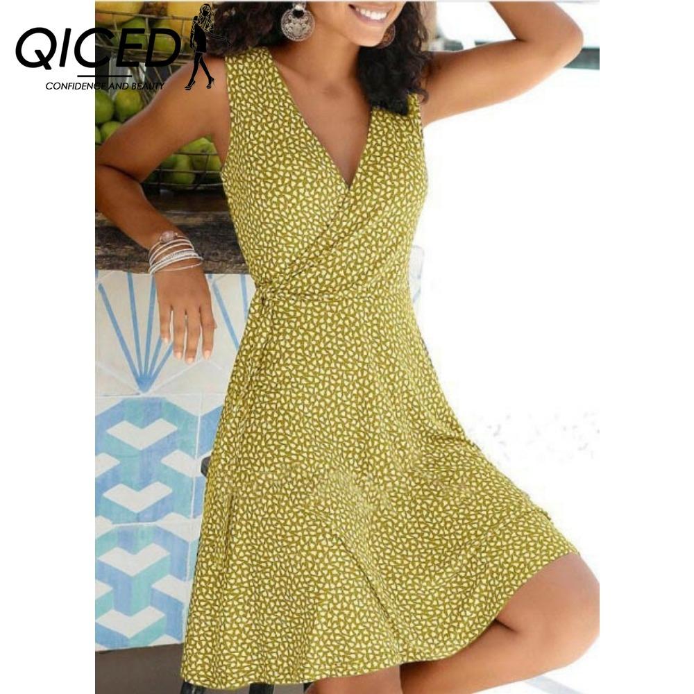 QICED Gepunktetes Kleid Damen Ärmellos Bandage Strandkleid Sommer Böhmische Kleider Für Damen Lässige V-Ausschnitt Kleider Weibliches Kleid XXXXL gelb