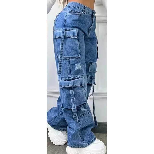 Einfarbig Lässige Arbeitskleidung Denim Hohe Taille Mehrere Taschen Locker Geschnittene Damenjeans Vielseitig Übergröße L dunkelblaue