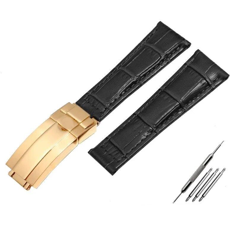 Krokodilmuster Echtleder Uhrenarmbänder 20mm für Rolex Uhrenarmband Daytona Submariner GMT RX Armband Faltschließe Black-gold  20mm With logo