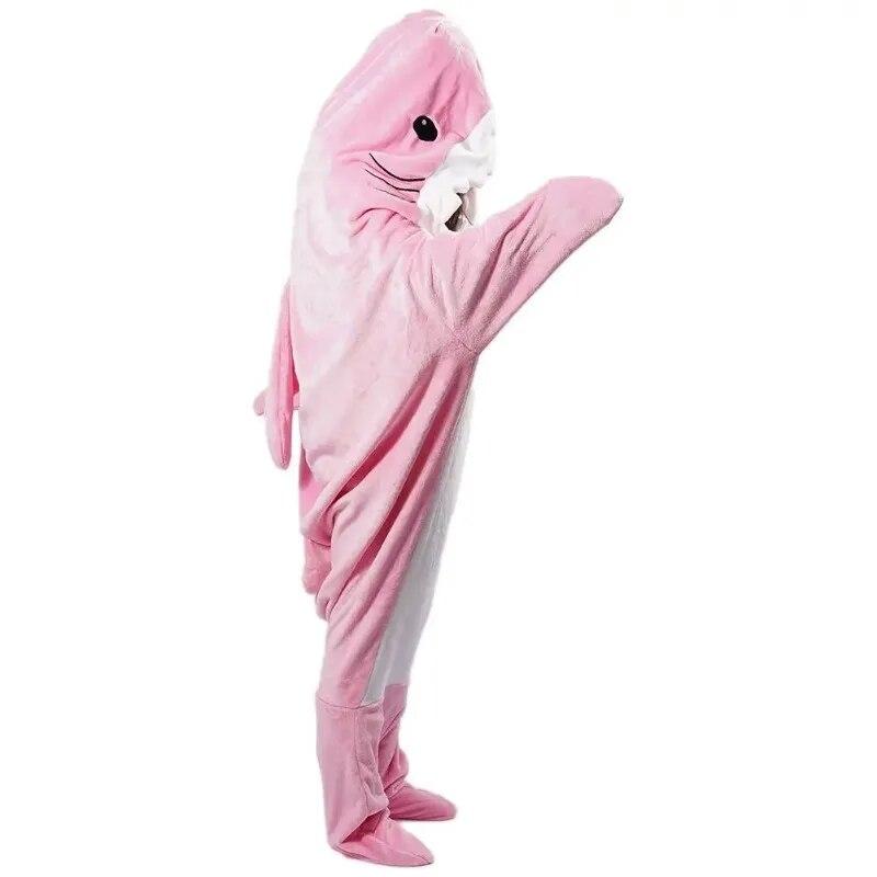 Hai-Decke für Erwachsene, Cartoon-Schlafsack, Pyjama mit Kapuze, warmer Flanell, lustige Homewear, Hai-Onesie, Schlafsack, warme Winterdecke XXL 180cm rosa