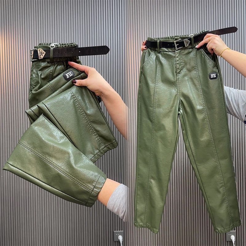 Mode Y2k Lederhose PU Lässig Gerade Hosen Locker Schlankend Übergröße Hohe Taille Haremshose Damen 3XL grün