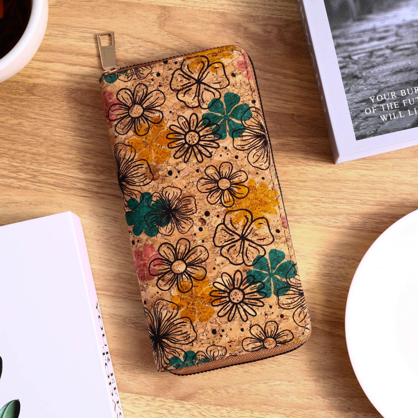 Lange Geldbörse im Retro-Paisley- und Blumenmuster, Clutch mit Reißverschluss rund um die böhmische Damen-Geldbörse, großes Kreditkartenetui pfirsich-gelb