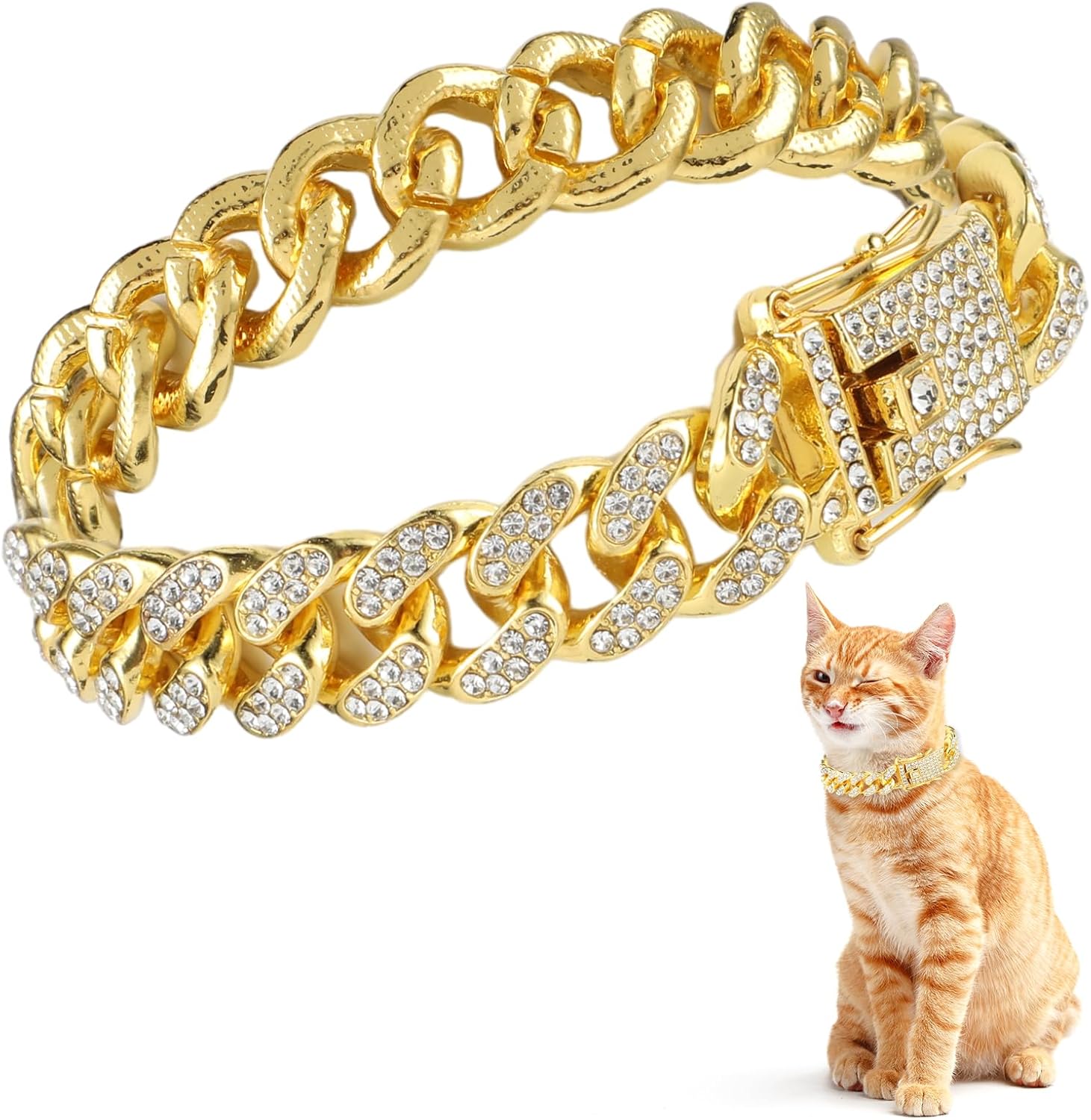 Modeschmuck Accessoires Gold Kubanische Kette Katzenhalsband Luxus Kristall Strass Haustier Kätzchen Halsband Für Katzen XS(old) gold
